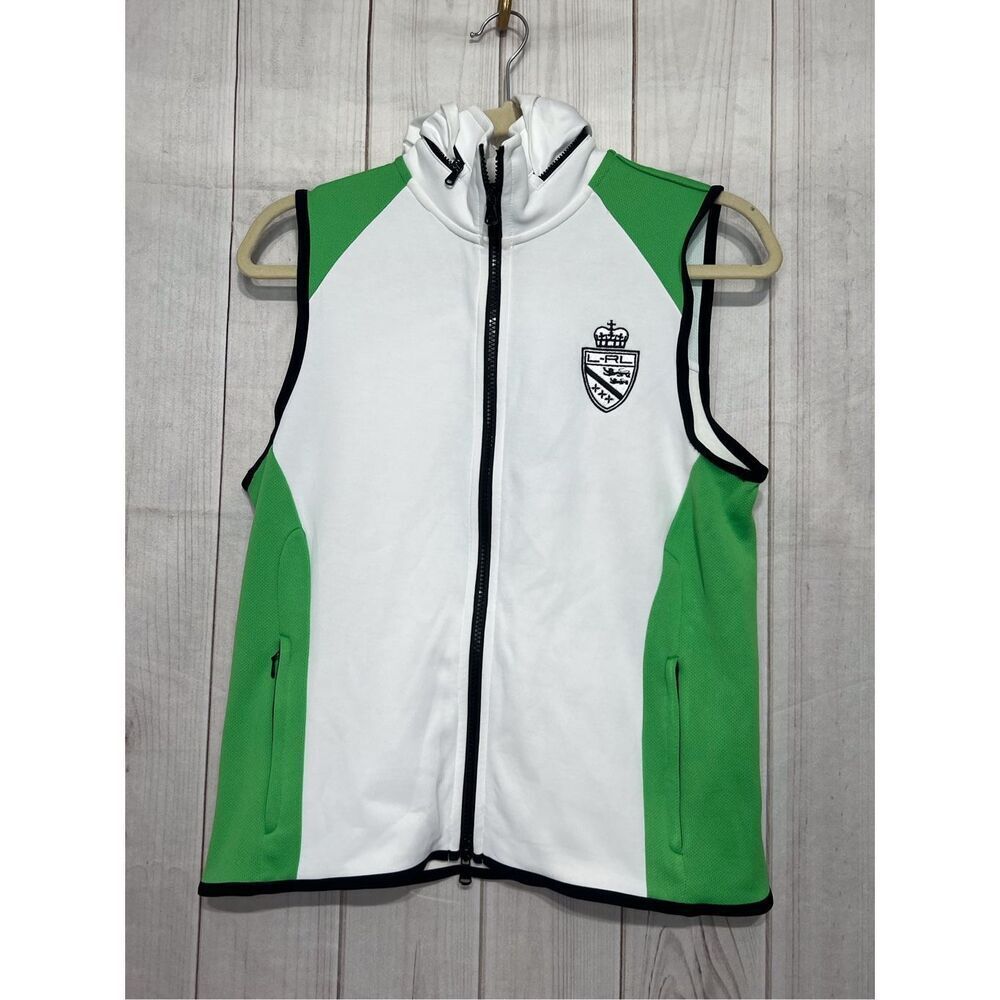 LRL Lauren active vest, green & white, hooded size small. New with tags
